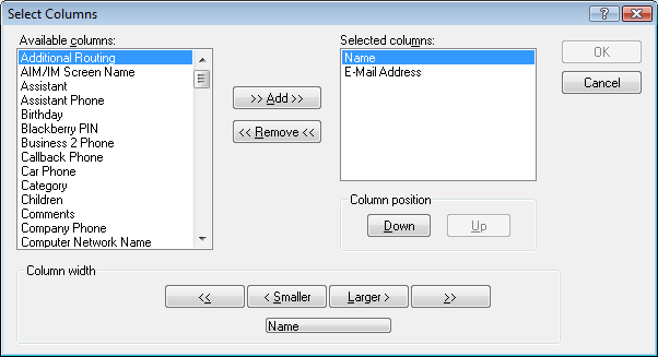 Address Book Column Selection dialog box