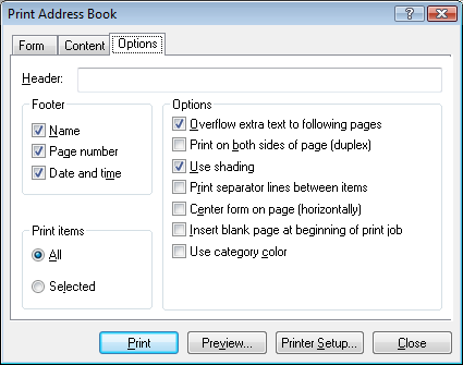 Print Address Book dialog box with the Options tab open