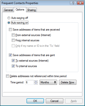 Frequent Contacts Properties dialog box with the Options tab open