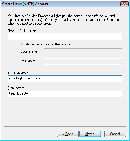 Create News (NNTP) Account dialog box