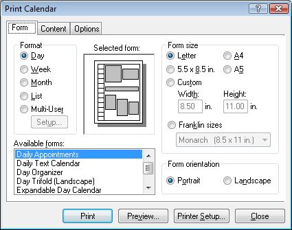 Print Calendar dialog box