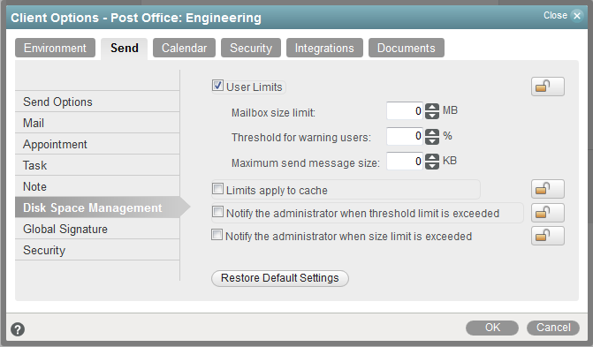 Send Options dialog box -- Disk Space Management tab