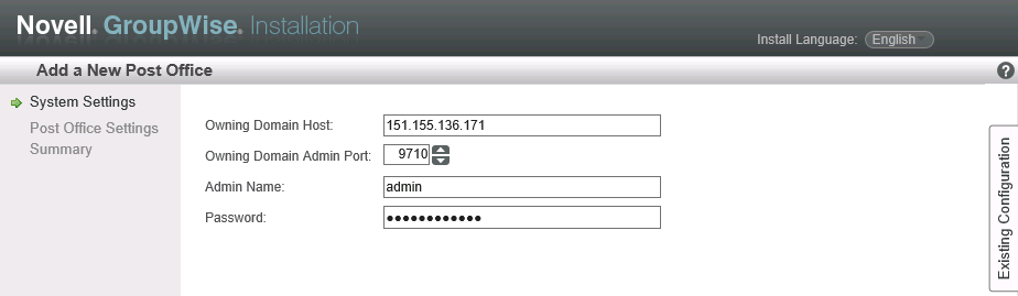 System Settings page for creating a new post office