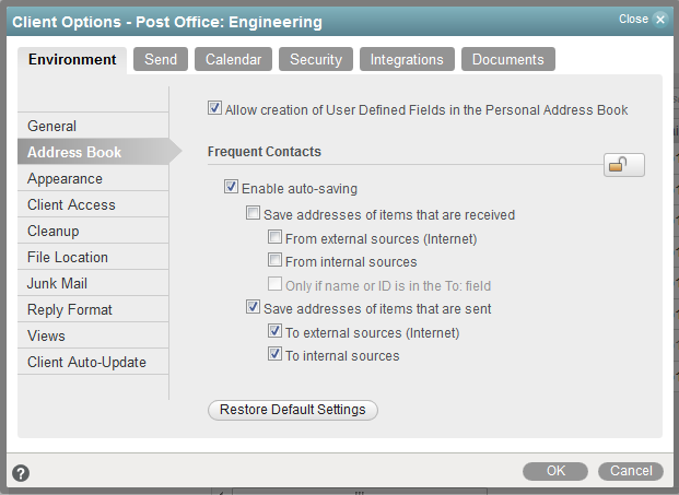 Environment Options dialog box with the Address Book tab open