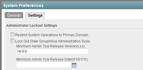 GroupWise System Preferences dialog box with the Admin Lockout Settings tab displayed