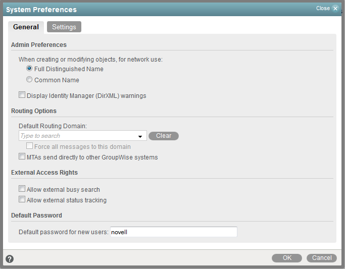 GroupWise System Preferences General tab