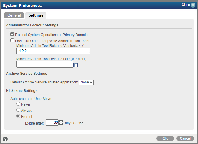 GroupWise System Preferences Settings tab