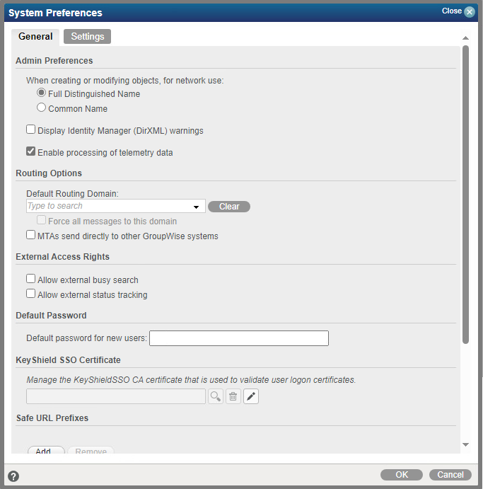 GroupWise System Preferences General tab