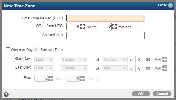 Add Time Zone dialog box