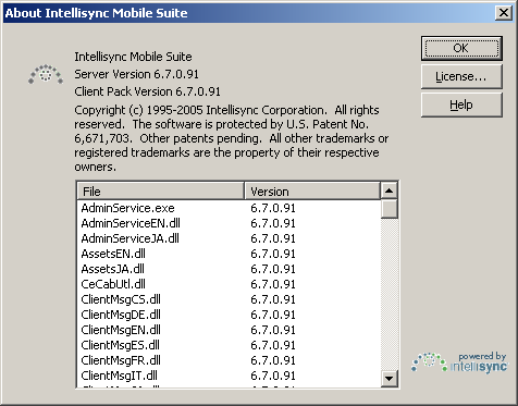 About Intellisync Mobile Suite dialog box