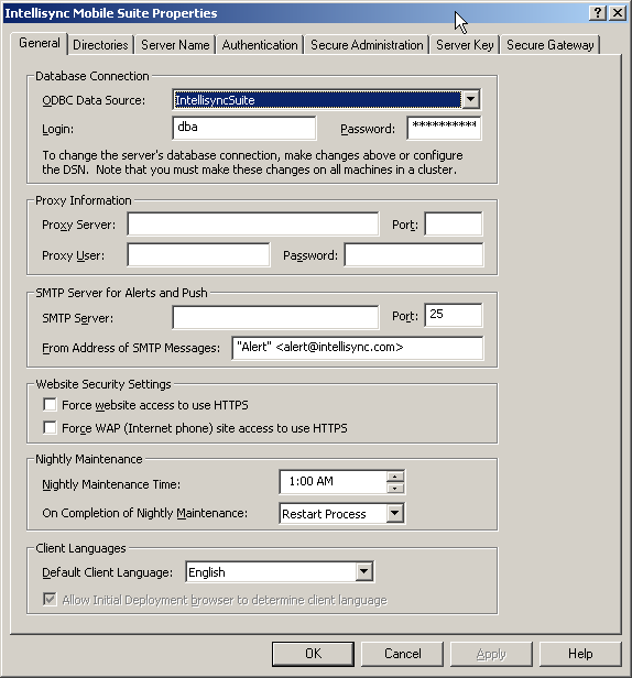 Intellisync Mobile Suite Properties dialog box