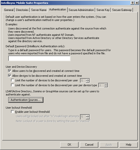 Intellisync Mobile Suite Properties Authentication dialog box