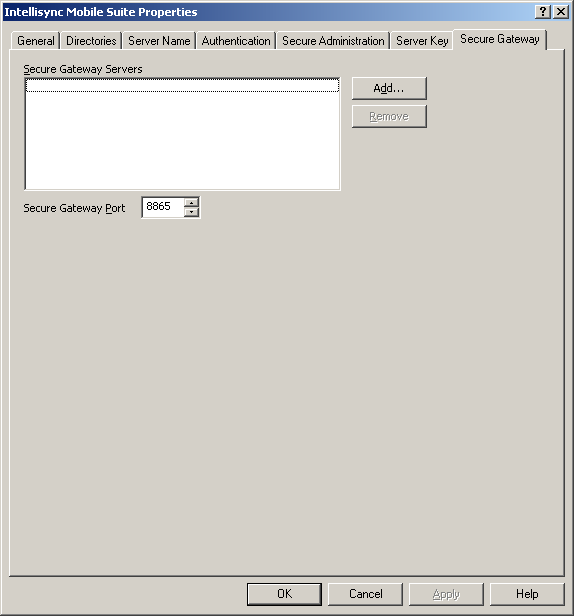 Intellisync Mobile Suite Properties Secure Gateway dialog box