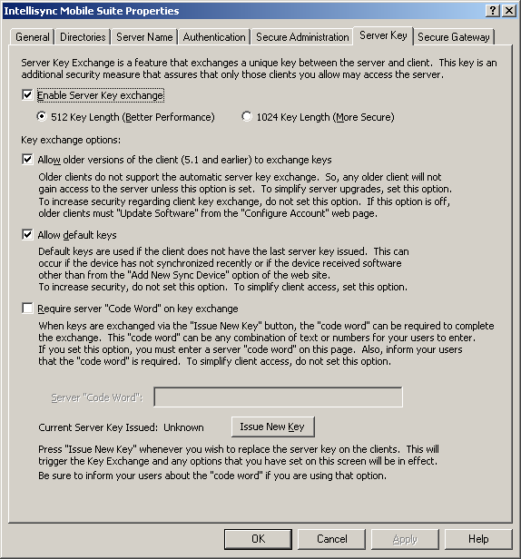 Intellisync Mobile Suite Properties Server Key dialog box