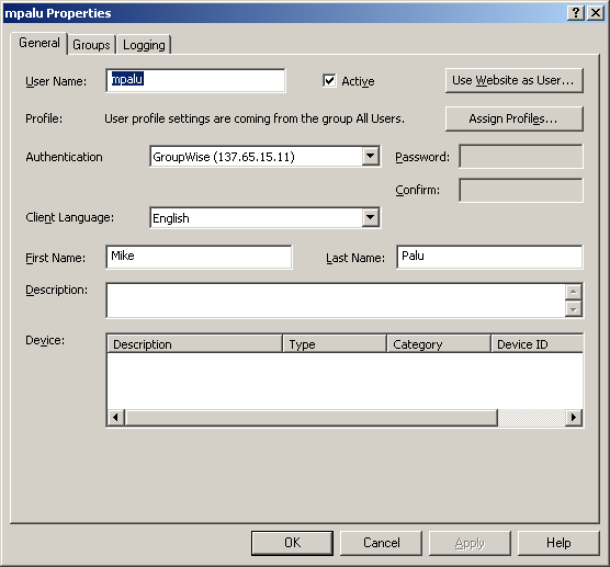 Sample user properties dialog box