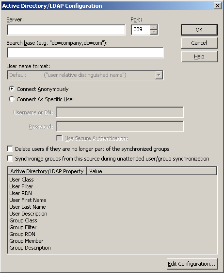 Active Directory/LDAP Configuration dialog box