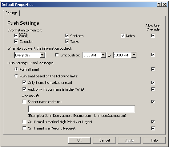 Push Settings dialog box