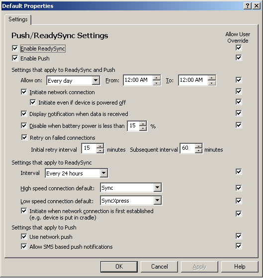 Push/ReadySync Settings dialog box