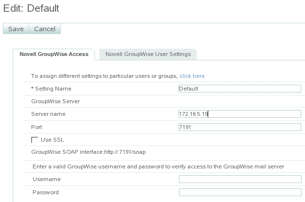 Edit Novell GroupWise Access page with login fields displayed