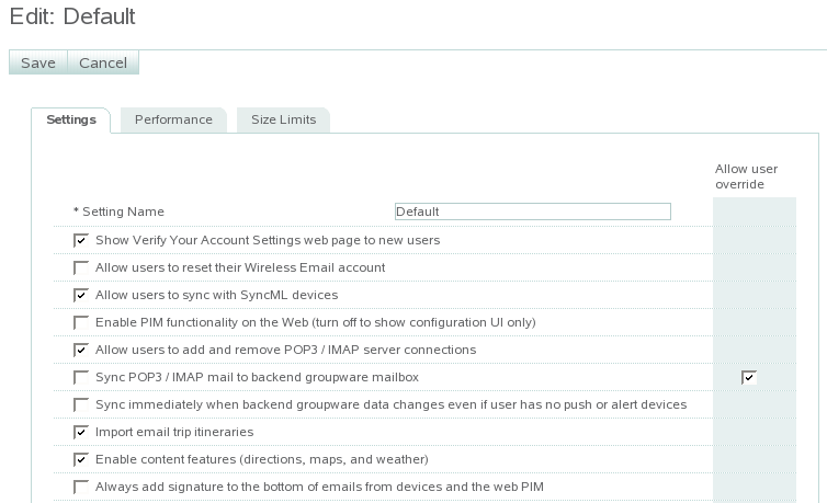 Wireless Email User Settings page