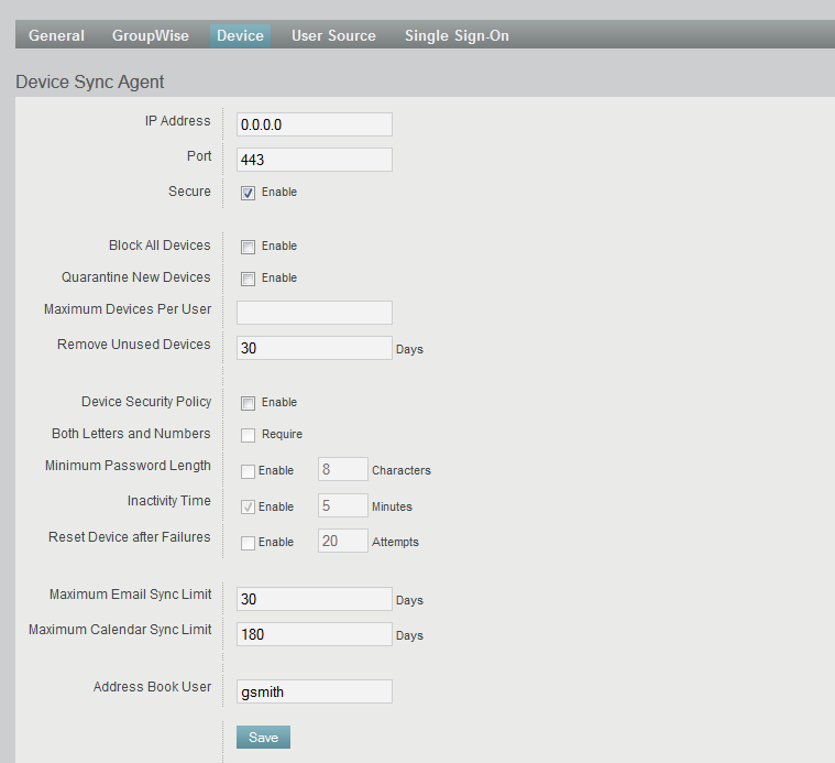 Device Sync Agent Configuration page