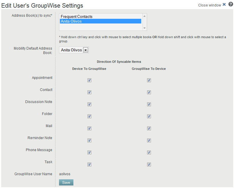 Edit User -- GroupWise Settings window