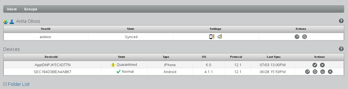 User/Device Actions page with a quarantined device