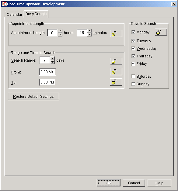 Date and Time Options dialog box with the Busy Search tab open