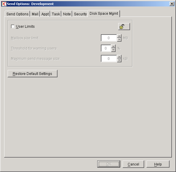 Send Options dialog box with the Disk Space Management tab open