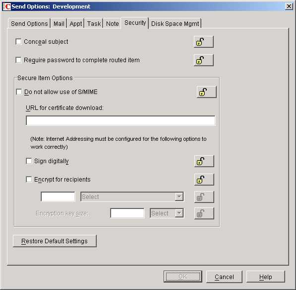 Send Options dialog box with the Security tab open