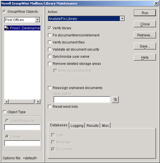 Mailbox/Library Maintenance dialog box