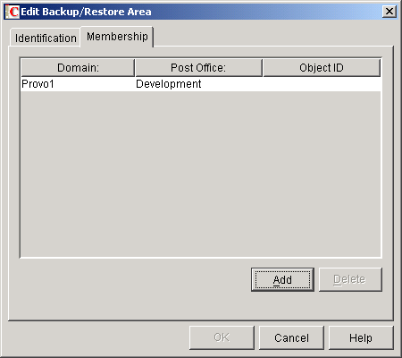 Edit Backup/Restore Area dialog box with the Membership tab displayed