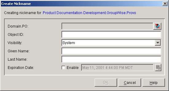 Create Nickname dialog box