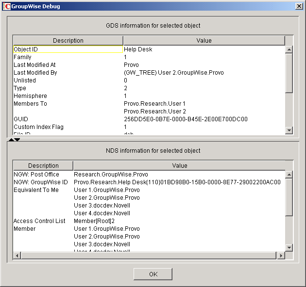 GroupWise Debug dialog box