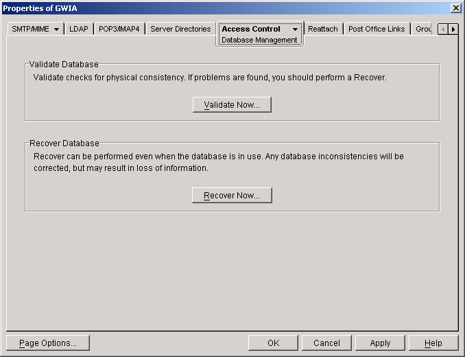 Database Management property page