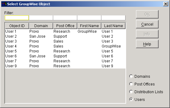 Select GroupWise Object dialog box