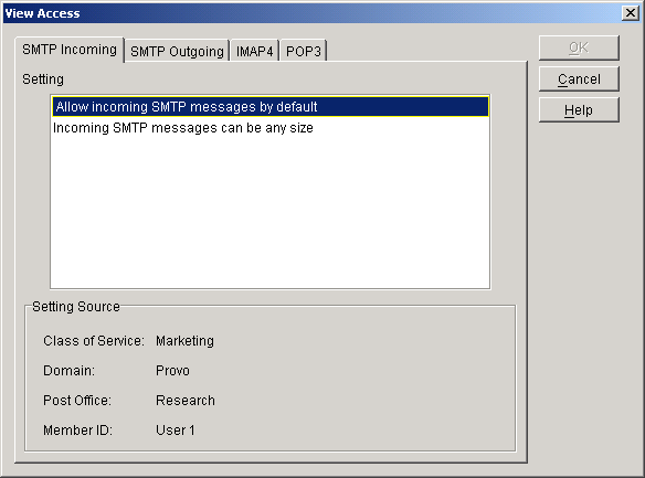 View Access dialog box with the Setting tab open