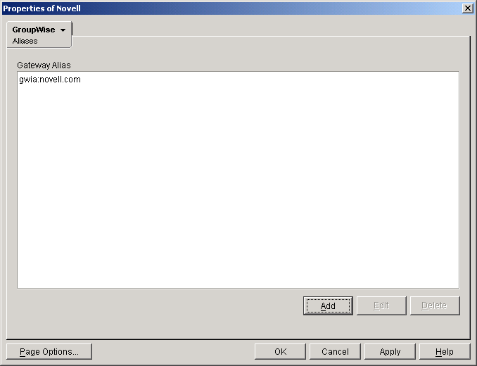 GroupWise Aliases property page with the new alias added to the list