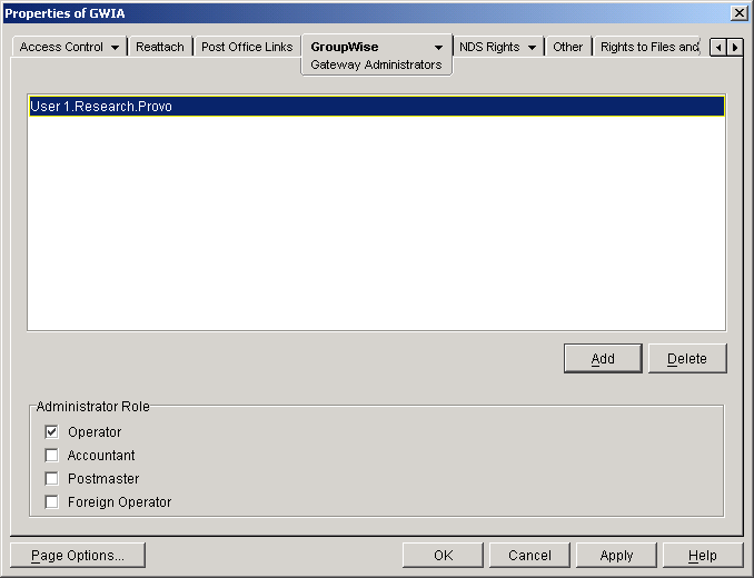 Gateway Administrators property page with the new administrator added to the list