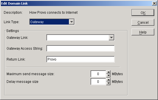 Edit Domain Link dialog box with the gateway settings displayed