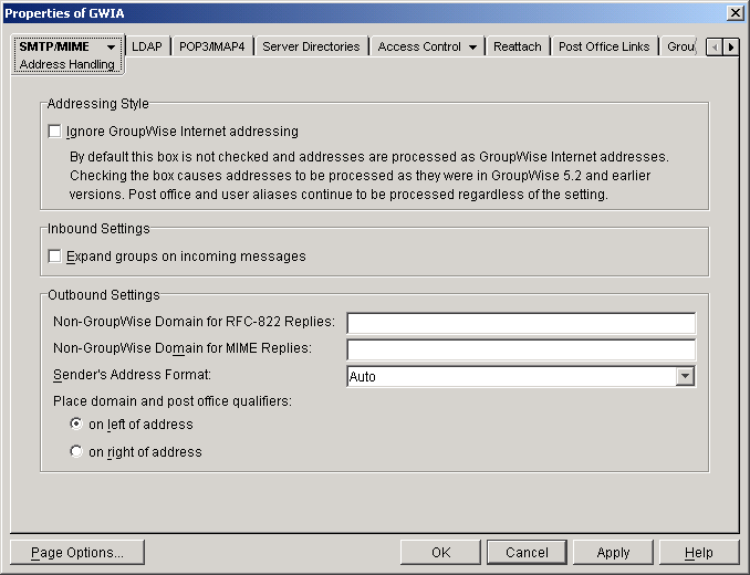 SMTP/MIME Address Handling property page