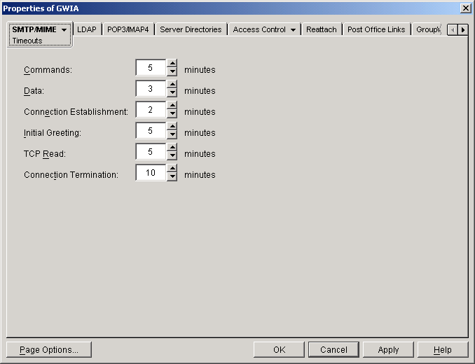 SMTP/MIME Timeouts property page