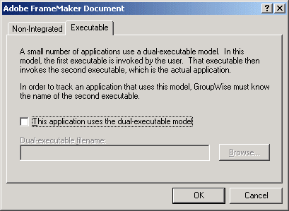 Application dialog box with the Executable tab displayed