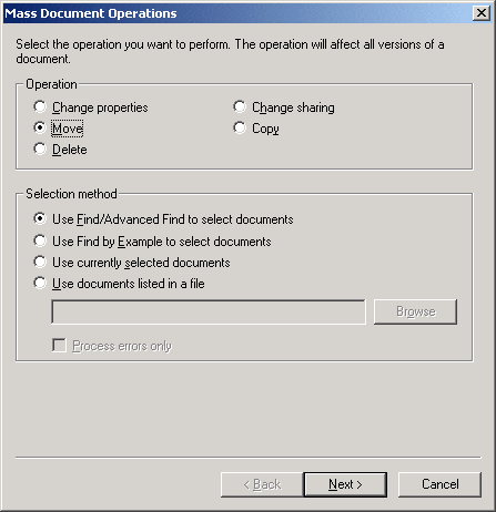 Mass Document Operations dialog box