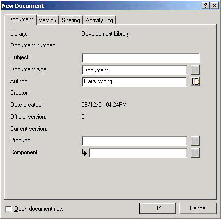 New Document dialog box with Product and Component fields displayed