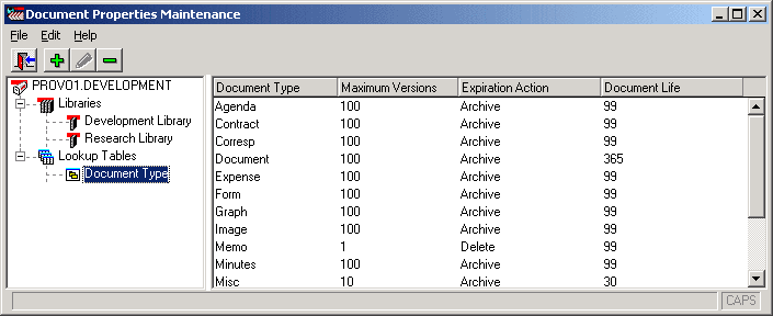 Document Properties Maintenance dialog box with a Document Type property displayed