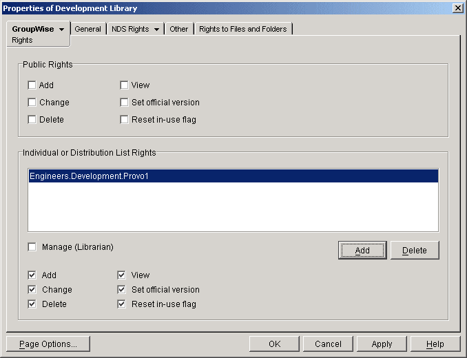 Rights property page with the Engineers group selected to receive rights to the Development library