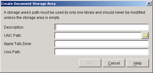 Create Document Storage Area dialog box