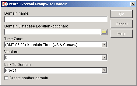 Create External GroupWise Domain dialog box