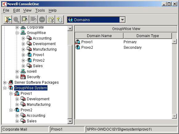 GroupWise View showing post offices in relationship to domains